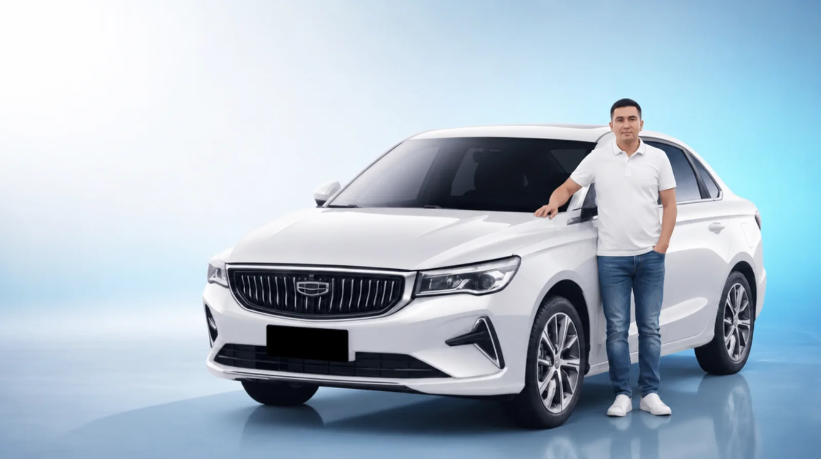 Водитель такси у своего автомобиля Geely Emgrand Comfort от Mobilica