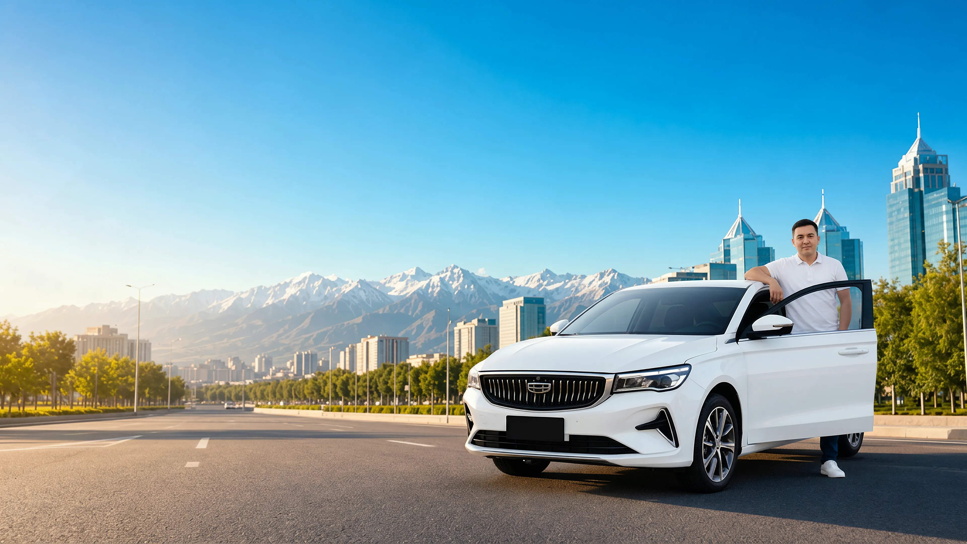 Водитель такси у своего автомобиля Geely Emgrand Comfort от Mobilica в Алматы